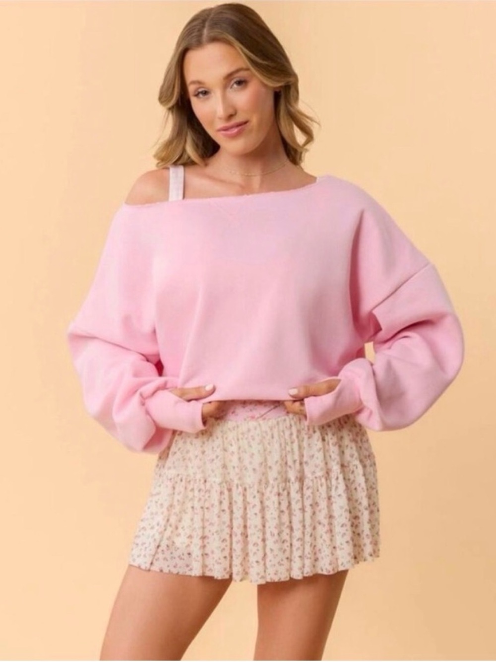 NWT! Blogilates Womens Dance Studio Off the Shoulder Sweatshirt Light Pink Small